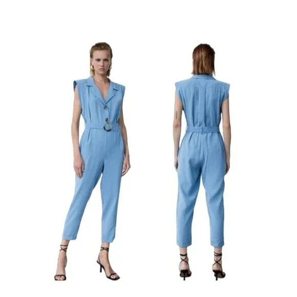 Zara Belted Jumpsuit Sleeveless Button Up Blue Size S
